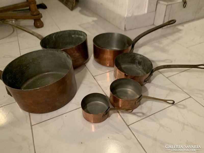 Set of 6 old copper pots and pans