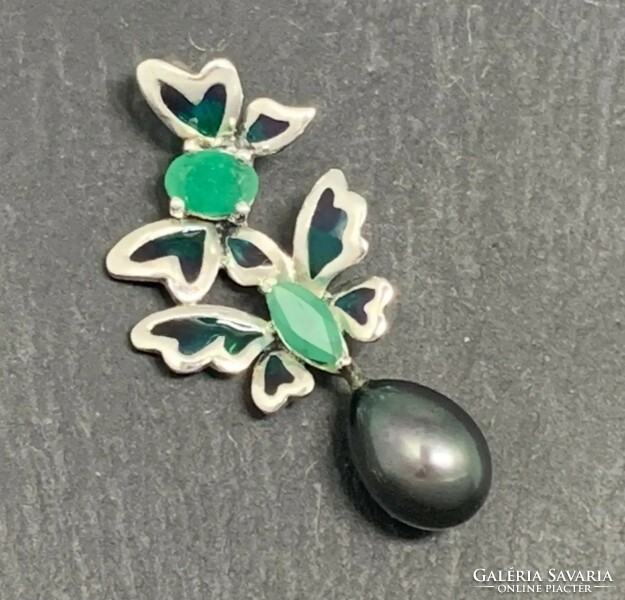 Charming butterflies, silver pendant with emerald and Tahitian pearl /925/ --new