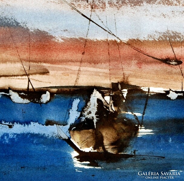 Kortárs művész: Mediterrán kikötő - nagy méretű akvarell