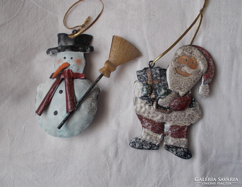 Metal pine tree ornament, Christmas decoration, Christmas tree ornament 2 pcs (snowman, Santa Claus)