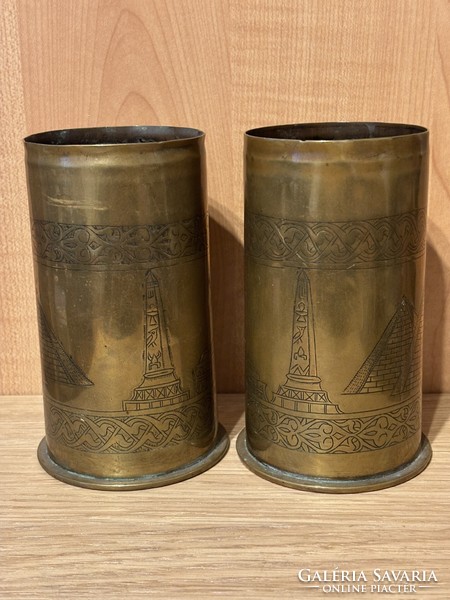 World War 1 sleeve vase with a pair of Egyptian themed decorations