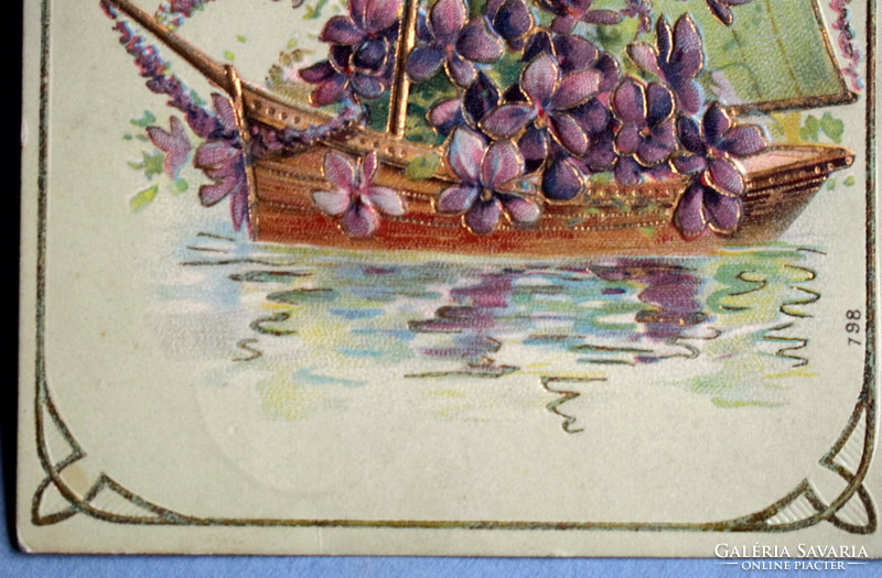 Antique embossed New Year greeting card - ship, violet, gold 4-leaf clover from 1903