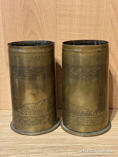 World War 1 sleeve vase with a pair of Egyptian themed decorations