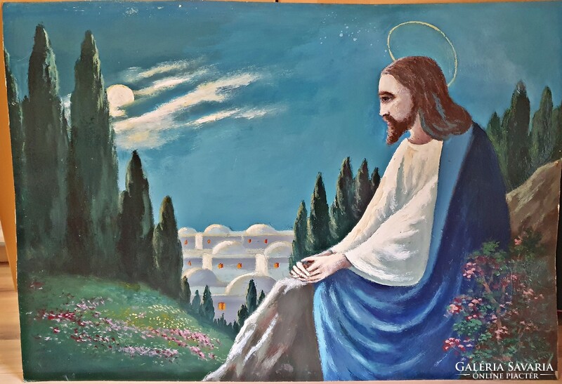 Jézus az Olajfák hegyén. Olajfestmény kartonra, 1950-es évekből.