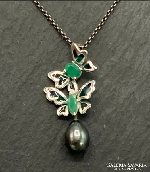 Charming butterflies, silver pendant with emerald and Tahitian pearl /925/ --new