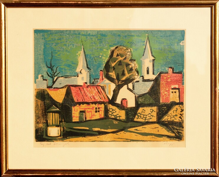 György Hegyi (1922-2001): landscape with two towers - original linoleum engraving, framed