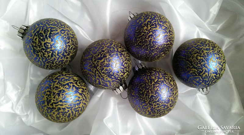 Régi karácsonyi kék színű üveg gömbök arany csillámmal , karácsonyfadíszek átmérője  6cm