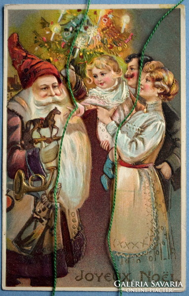 Antique embossed Christmas postcard - Santa Claus, Christmas tree, family, toys - for collection