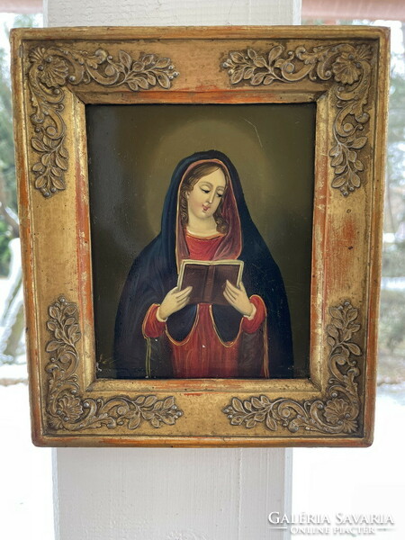 Original 19th century picture of the Virgin Mary painted on metal, 17x15cm