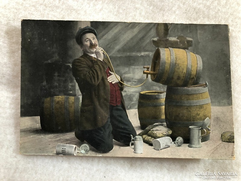 Antik, régi színezett italozós HB sör reklámos képeslap - Postatiszta                         -7.