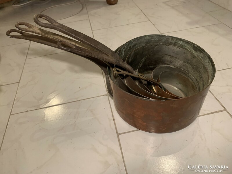 Set of 6 old copper pots and pans