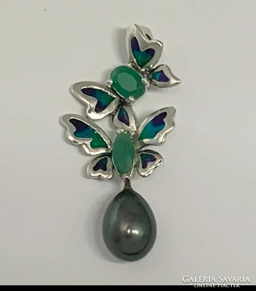 Charming butterflies, silver pendant with emerald and Tahitian pearl /925/ --new