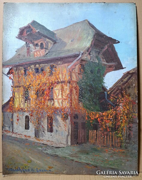 Geza Ulrich: Lucerne (oil painting) autumn street scene, Switzerland