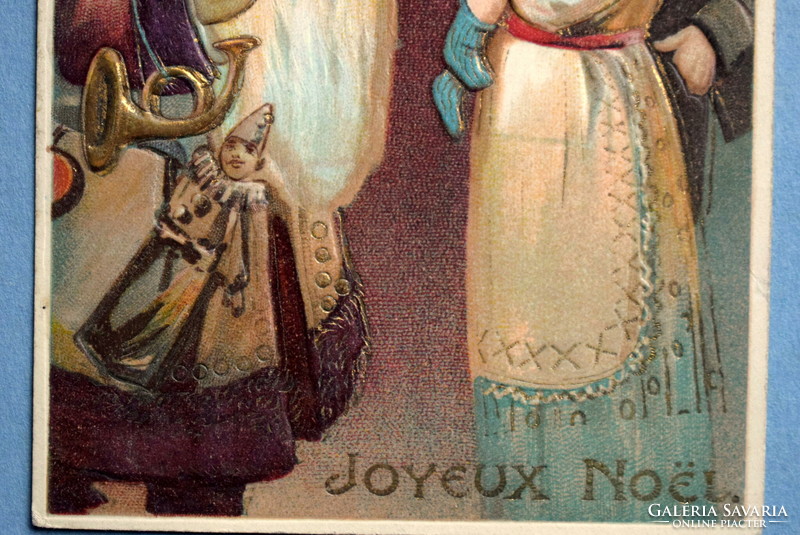 Antik dombornyomott Karácsonyi képeslap - Mikulás,Karácsonyfa, család , játékok - Gyűjteménybe