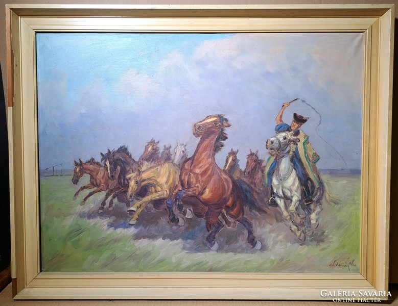 Camillo of Cluj: galloping stallion (large oil painting) foal, horses, peasant life