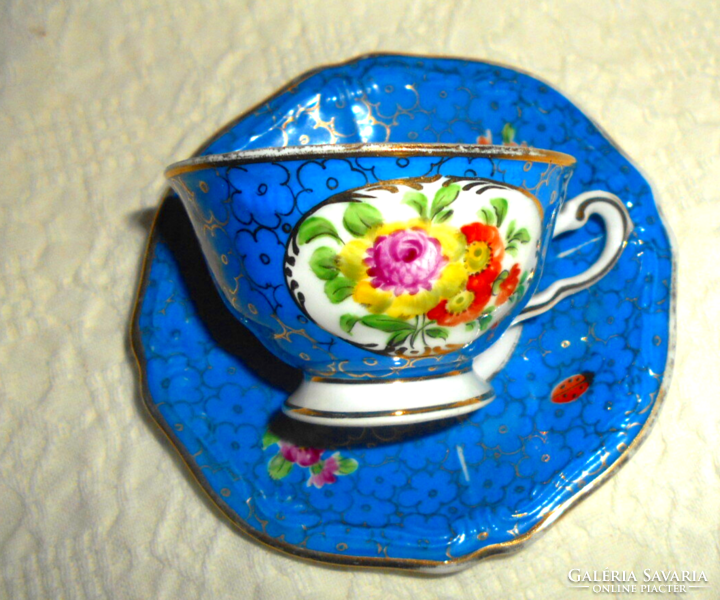 Kézzel festett (fond festés) virág mintás porcelán kávés  csésze+ csészealj