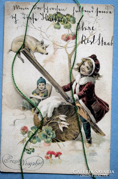 Antik ritka Hegedűs Geiger Richárd Újévi üdvözlő képeslap -  malac , csúszda, kisleány 4levű lóhere
