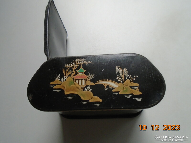 1940 Vintage black lacquer and metal cigarette holder box with a colorful oriental landscape