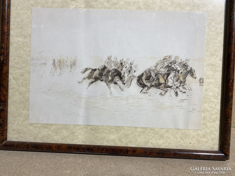 XX. Early 19th century ink drawing, charging horsemen, 29 x 18 cm