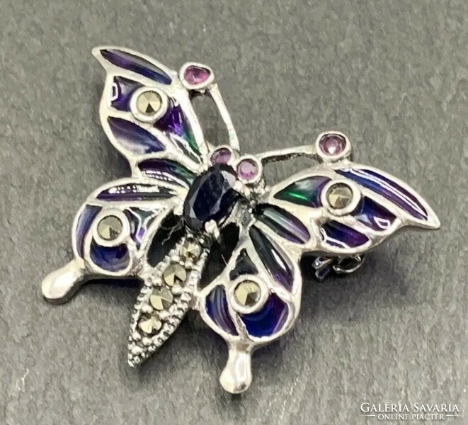 Butterfly silver brooch with marcasite and fire enamel silver /925/ --new