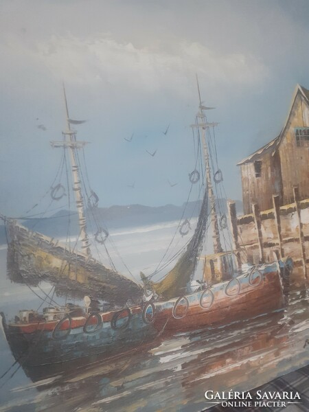 Oil painting, fishing boats