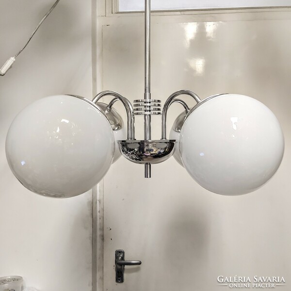 Bauhaus - art deco - streamlined 4-arm chandelier renovated - milk glass spherical shades