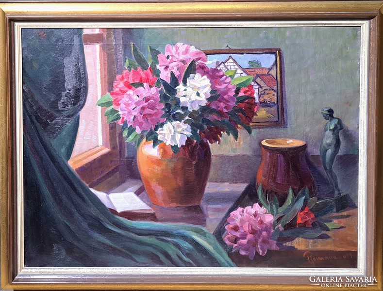 Flower still life with nude sculpture (signed oil painting) interior, in window - Russian painter?