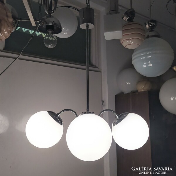 Bauhaus - art deco - streamlined 4-arm chandelier renovated - milk glass spherical shades