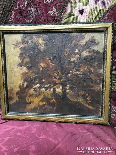 Old autumn landscape oil painted on wooden sheet, wooden sheet