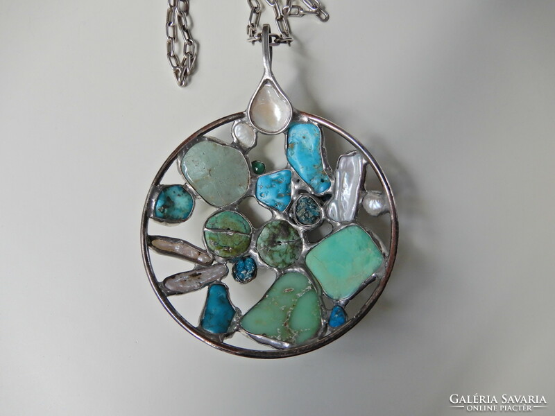 Silver necklace with large pendant and minerals
