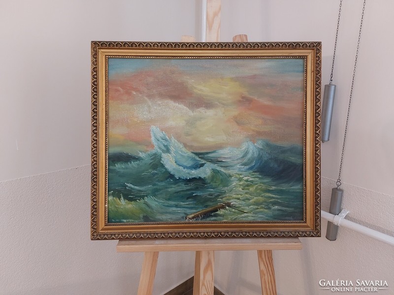 (K) Háborgó tenger festmény 63x54 cm kerettel