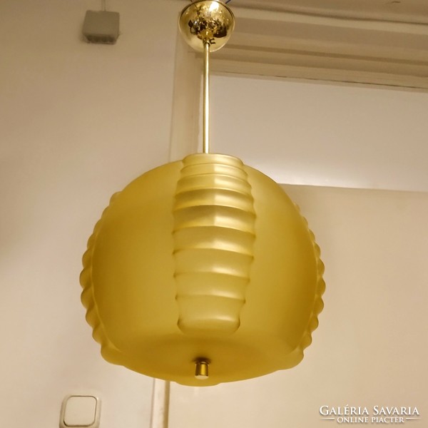 Refurbished art deco copper ceiling lamp - special shaped honey-colored acid-stained glass shade