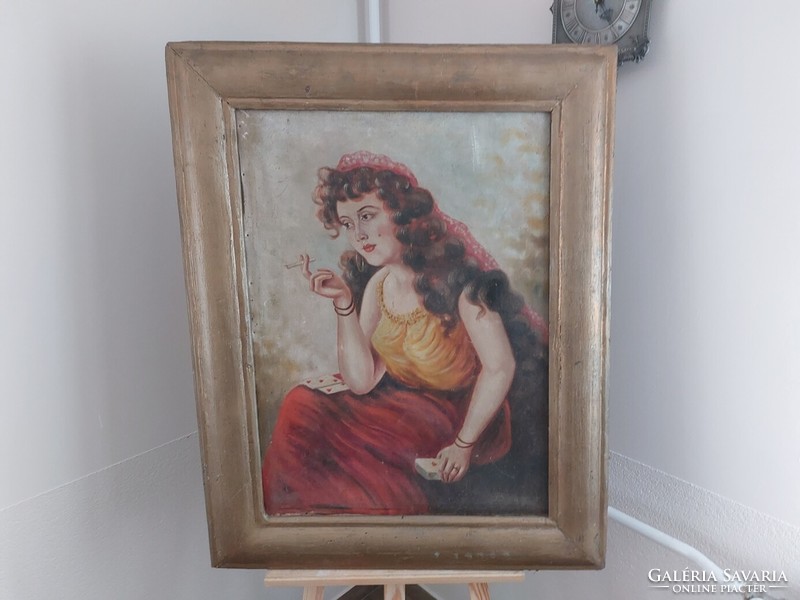 (K) signed gypsy girl painting 77x99 cm in a solid wooden frame. It requires restoration