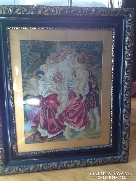 Tapestry picture - mother with her children - in a special, decorative, carved, gilded 72x82 cm frame