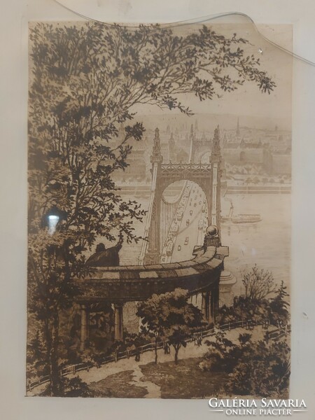 Béla Kron: chain bridge, etching