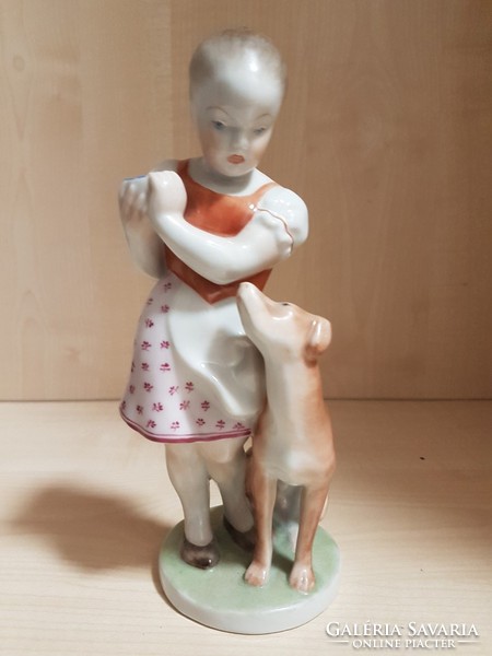 Colorful Herend (hand painted) porcelain figure, girl with dog