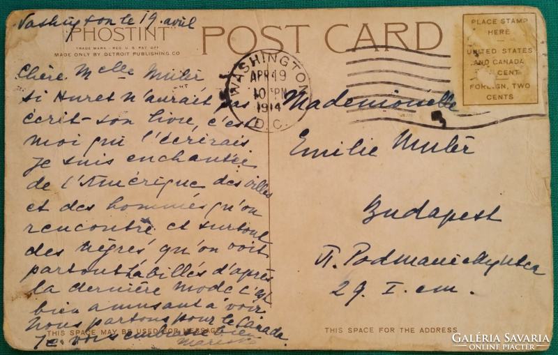 Keleti bejárat, Fehér Ház, Washington D.C, kelt 1914, cím Budapest, antik színezett képeslap