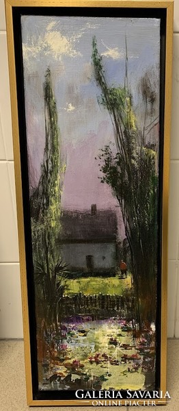 Alim adilov: garden pond (60 x 20 cm oil on canvas)