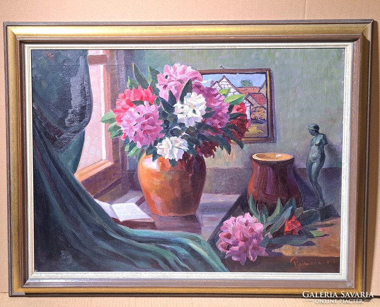 Virágcsendélet akt szoborral (szignózott olajfestmény) enteriőr, ablakban - orosz festő?
