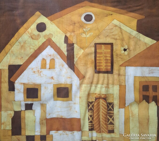 Gál Ágnes: Kánói parasztházak, 1980 (textilkép, batik) Kánó, Borsod-Abaúj-Zemplén megye