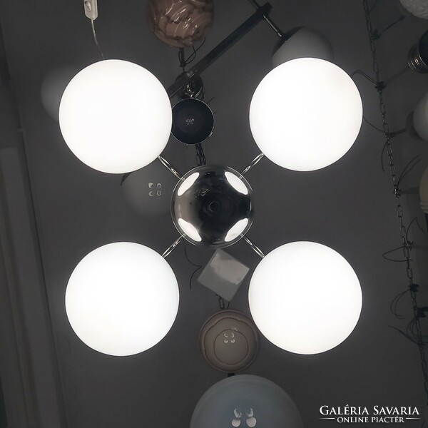 Bauhaus - art deco - streamlined 4-arm chandelier renovated - milk glass spherical shades