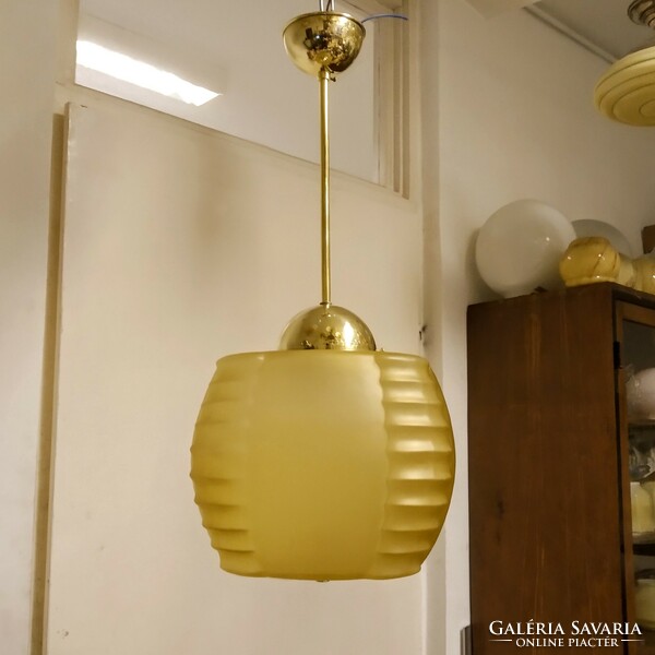 Refurbished art deco copper ceiling lamp - special shaped honey-colored acid-stained glass shade