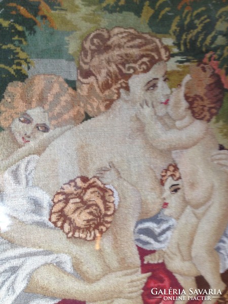 Gobelin kép - anya gyermekeivel - különleges, díszes, faragott, aranyozott 72x82 cm-es keretben
