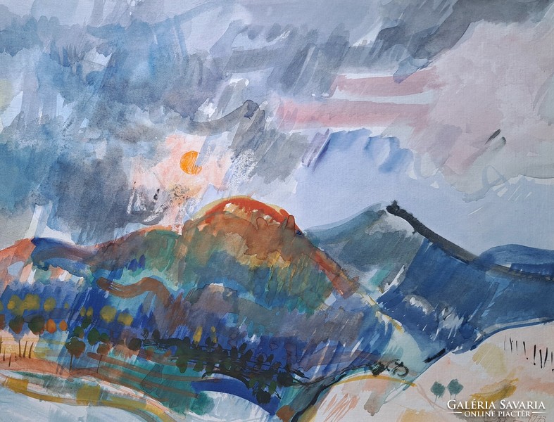 Dénes Gulyás: dusk, 1973 (picture gallery painting) watercolor mountain landscape