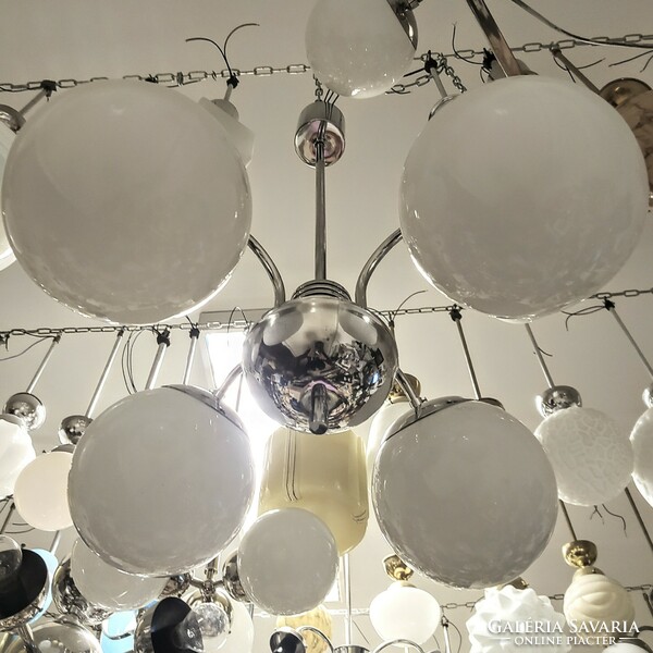 Bauhaus - art deco - streamlined 4-arm chandelier renovated - milk glass spherical shades