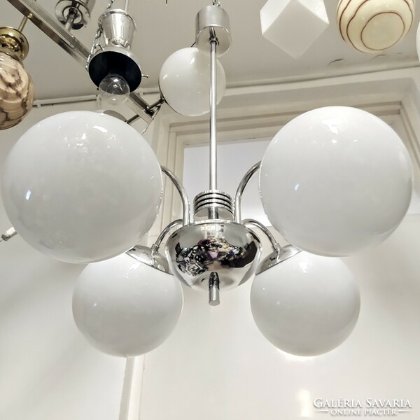 Bauhaus - art deco - streamlined 4-arm chandelier renovated - milk glass spherical shades