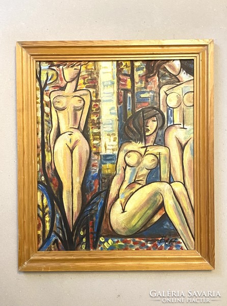 3 Grácia, marked female nude modern oil wood fiber painting in a frame