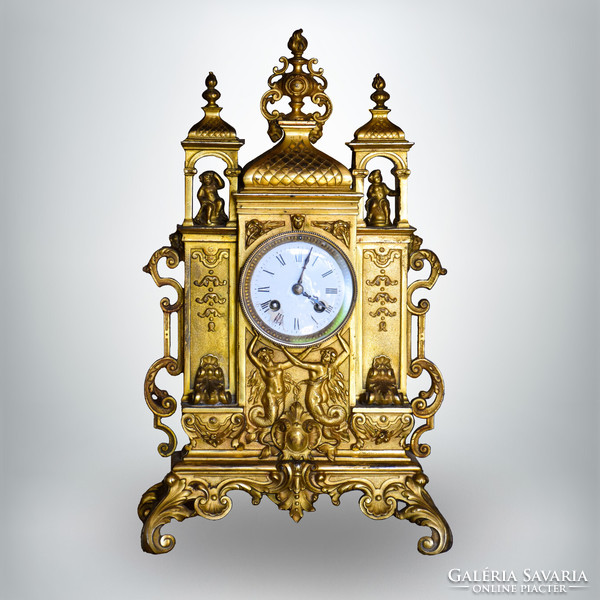 French fireplace mantel clock, figural gilded bronze case