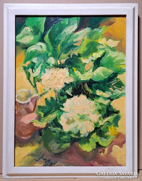 Floral still life in a white frame, 1980s - signed oil painting