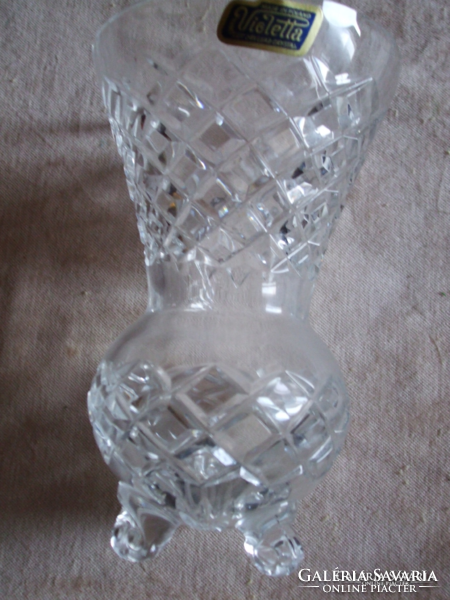 Special! Old crystal vase standing on 3 legs, marked, unused, top diameter: 9.5 cm, bottom diameter